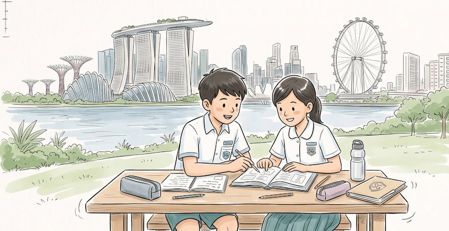 Two Singapore primary school pupils revising exam papers at a table by Marina Bay
