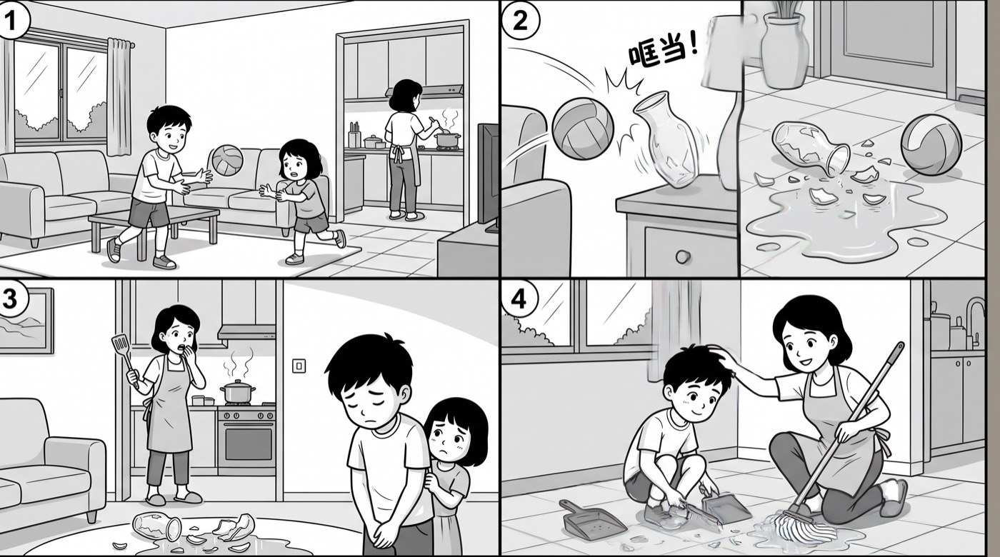 四格图。图一:小明和妹妹在客厅里玩球,妈妈在厨房里煮饭。图二:球飞了出去,「哐当」一声把桌上的花瓶打翻了,花瓶碎在地上,水流了一地。图三:妈妈拿着锅铲从厨房跑出来,看着地上的碎片;小明低着头,妹妹躲在他身后。图四:小明蹲在地上用簸箕收拾碎片,妈妈一边拖地一边摸摸他的头。